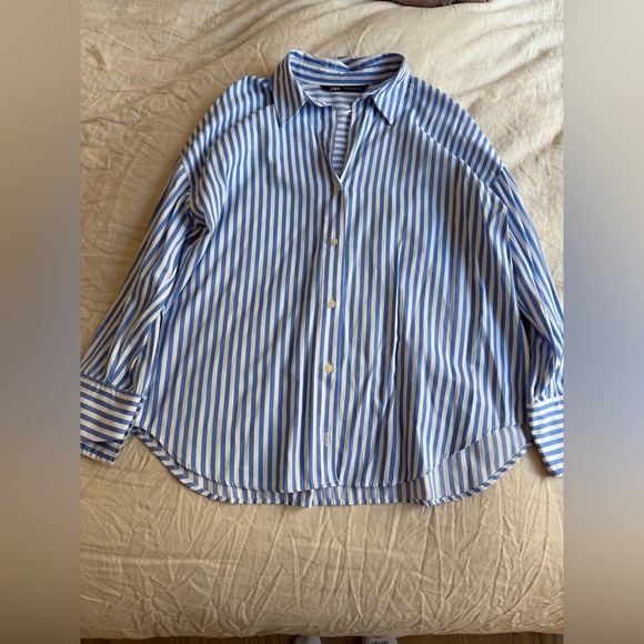 Zara Blue and White Striped Poplin Shirt - Picture 1 of 5